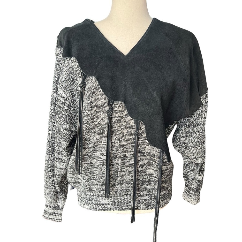 Vintage Suede Leather Pioneer Wear Sweater Tassels Western Grey Heather Sz Small